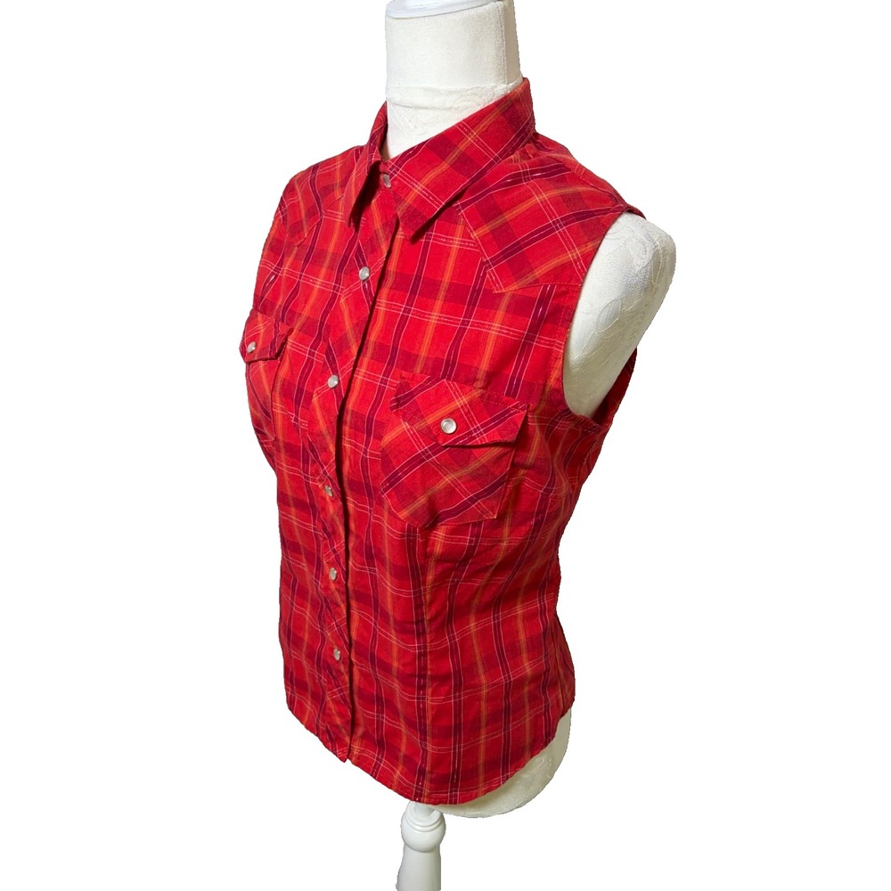 Vtg ROPER Red Plaid Pearl Snap Western Shirt~Womens M~Sleeveless Cowgirl Rodeo - Picture 4 of 14
